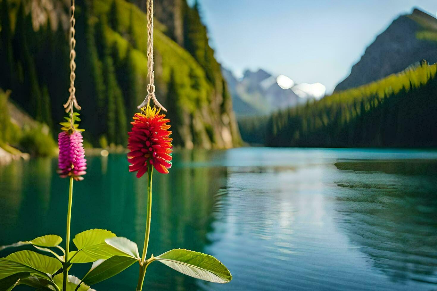 zwei Blumen hängend von ein Seil in der Nähe von ein See. KI-generiert foto