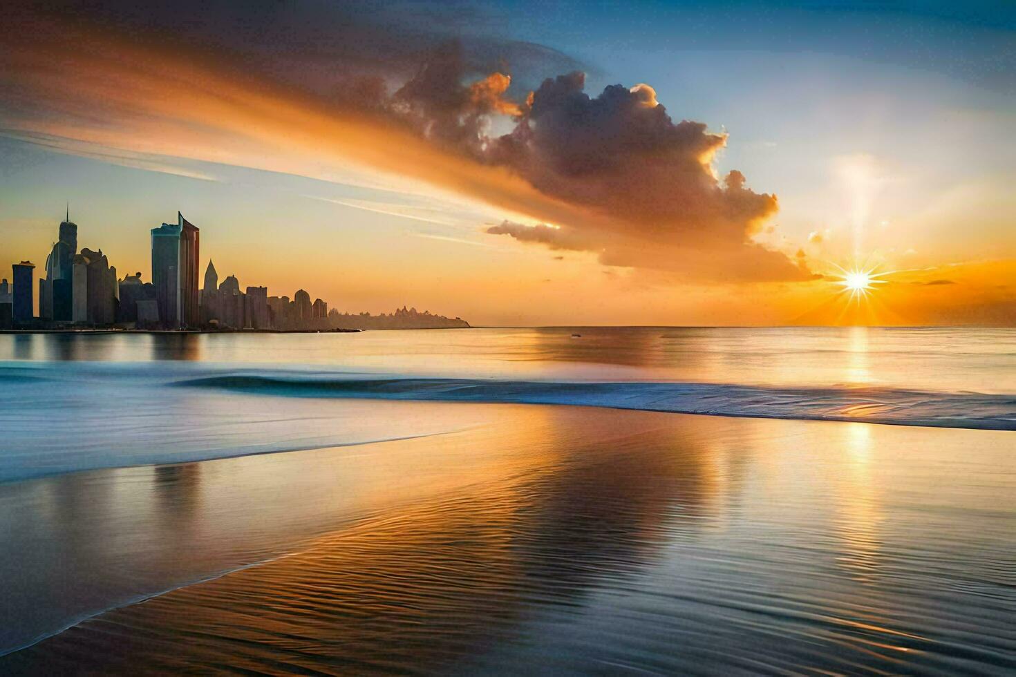 das Sonne setzt Über das Stadt Horizont im Panama. KI-generiert foto