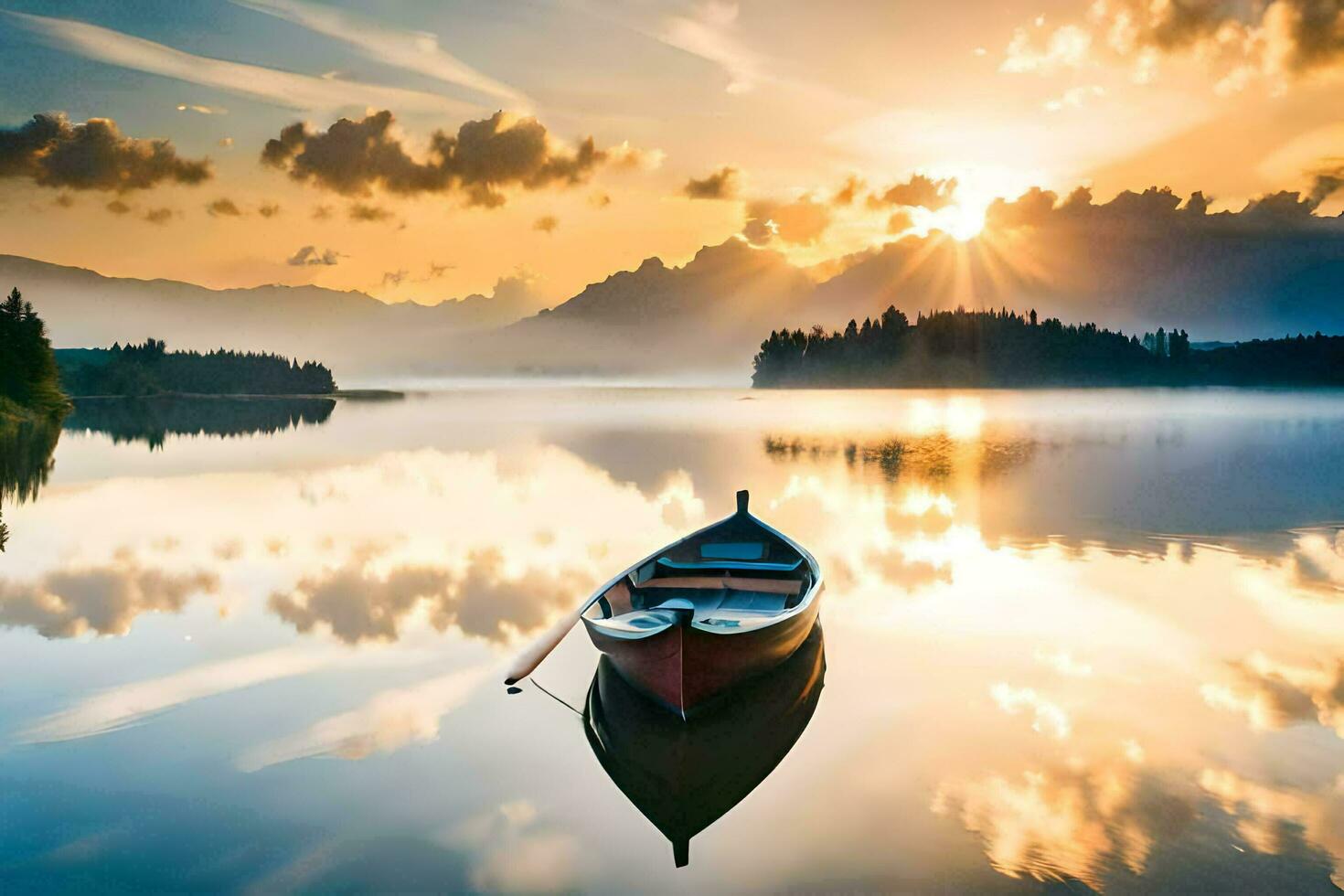 ein Boot auf ein See beim Sonnenaufgang. KI-generiert foto