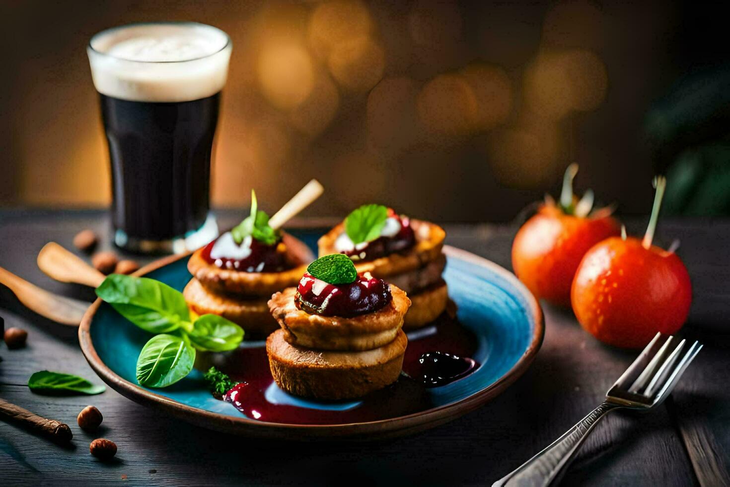 Essen auf ein Teller mit ein Glas von Bier. KI-generiert foto