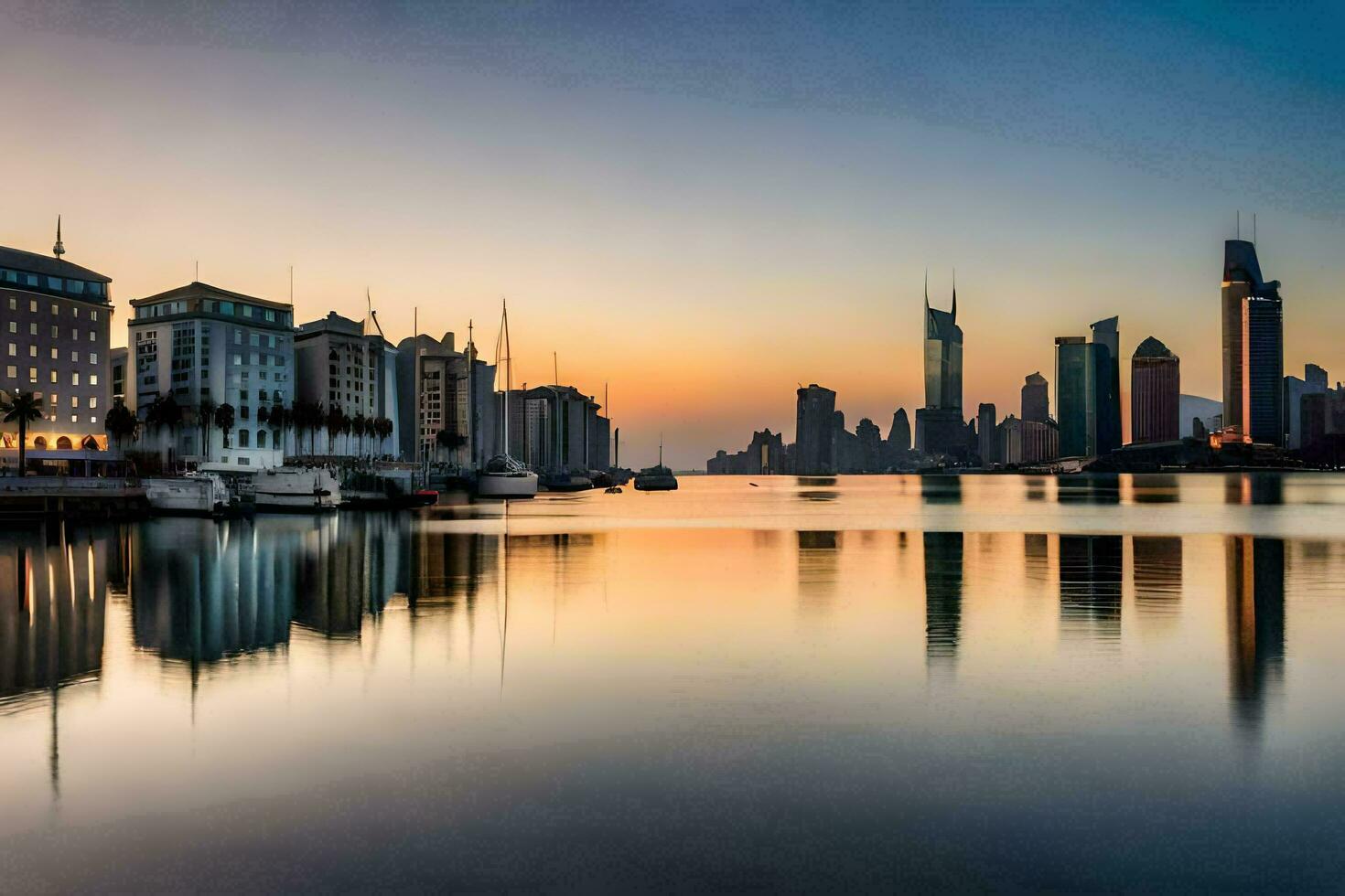 das Stadt Horizont ist reflektiert im das Wasser beim Sonnenuntergang. KI-generiert foto