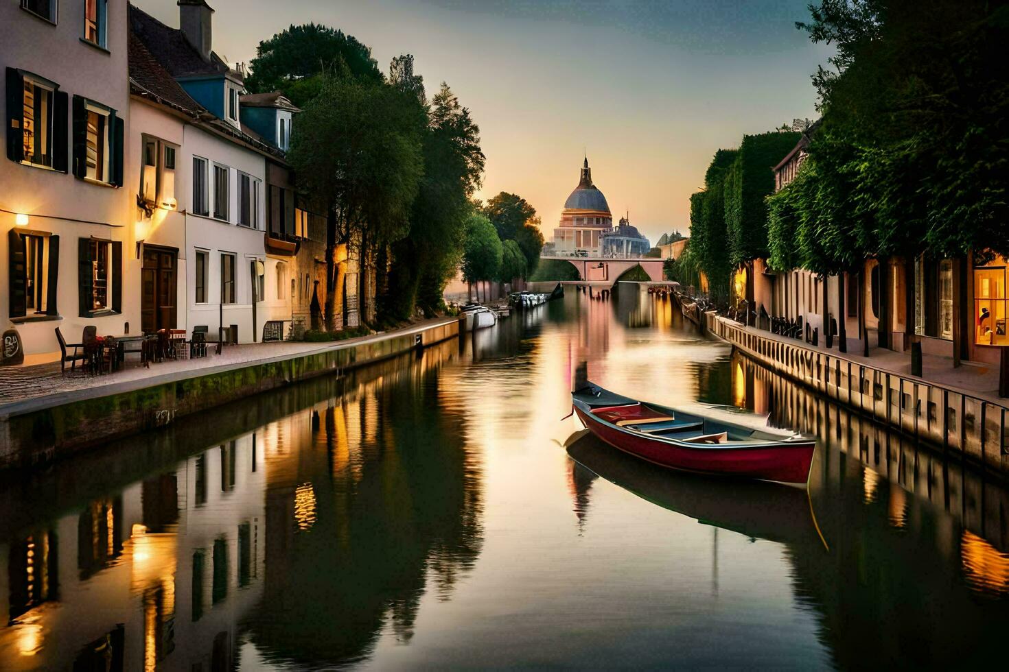 ein Boot ist auf ein Kanal im ein Stadt beim Sonnenuntergang. KI-generiert foto