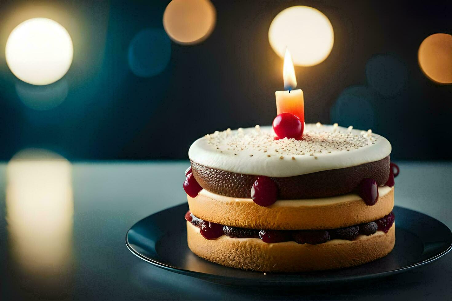 ein Geburtstag Kuchen mit ein zündete Kerze auf oben. KI-generiert foto
