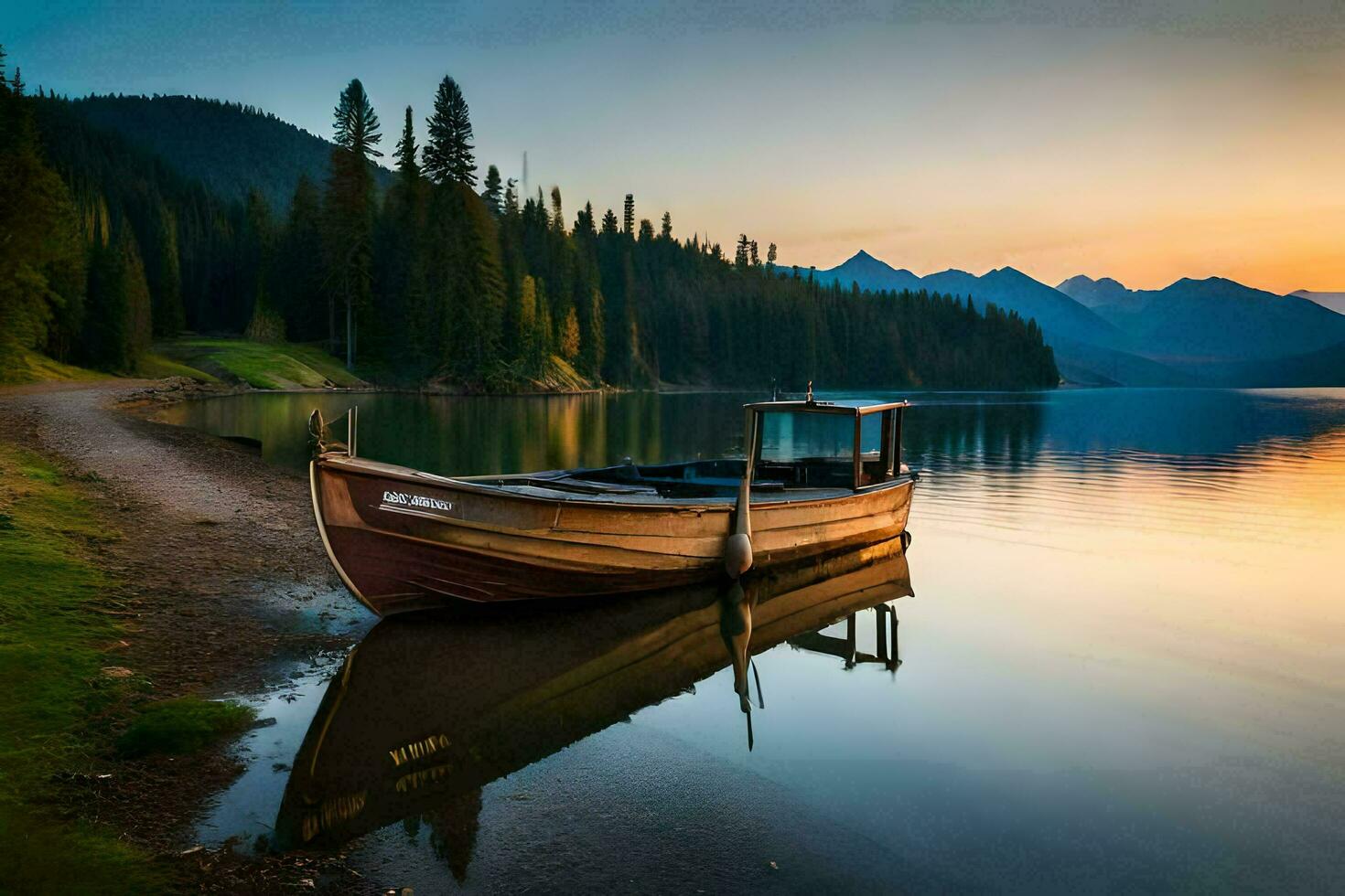 ein Boot sitzt auf das Ufer von ein See beim Sonnenuntergang. KI-generiert foto