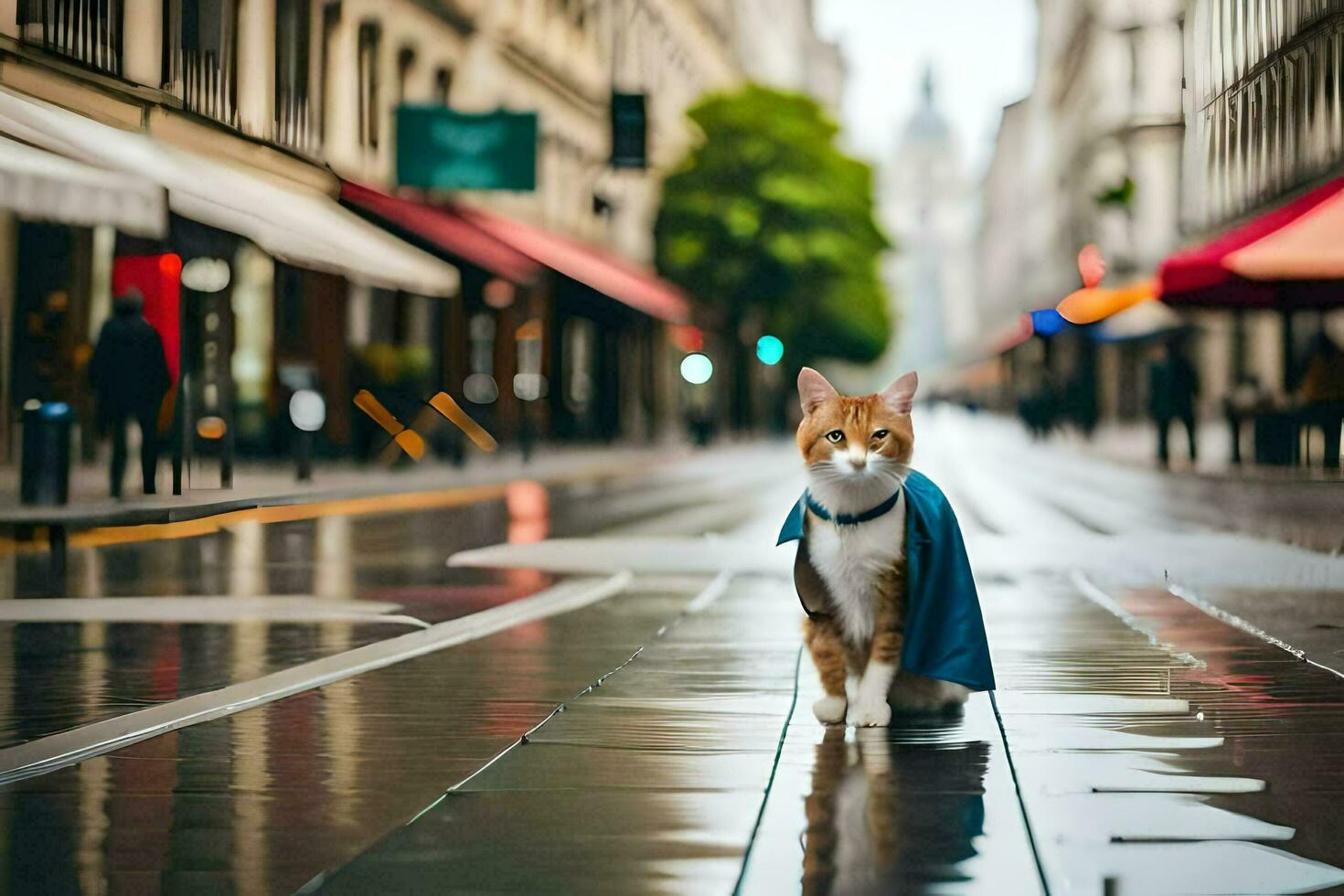 ein Katze tragen ein Kap Spaziergänge Nieder ein Stadt Straße. KI-generiert foto