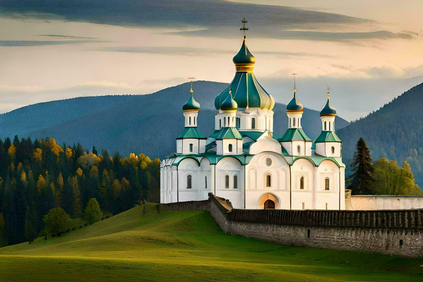 ein Kirche im das Berge mit Grün Kuppeln. KI-generiert foto