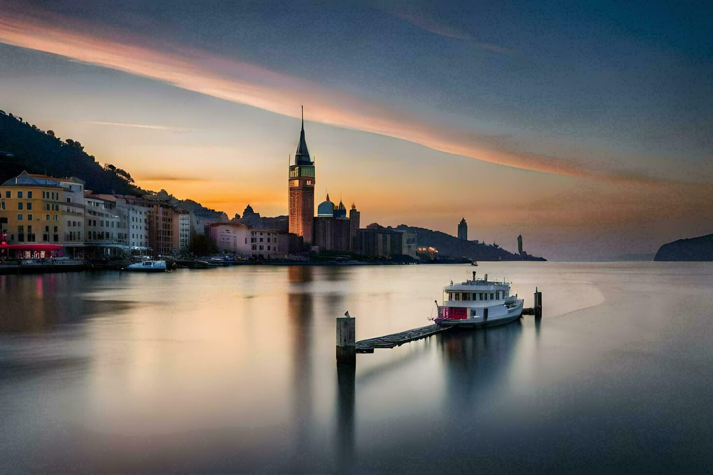 ein Boot ist angedockt im das Wasser beim Sonnenuntergang. KI-generiert foto