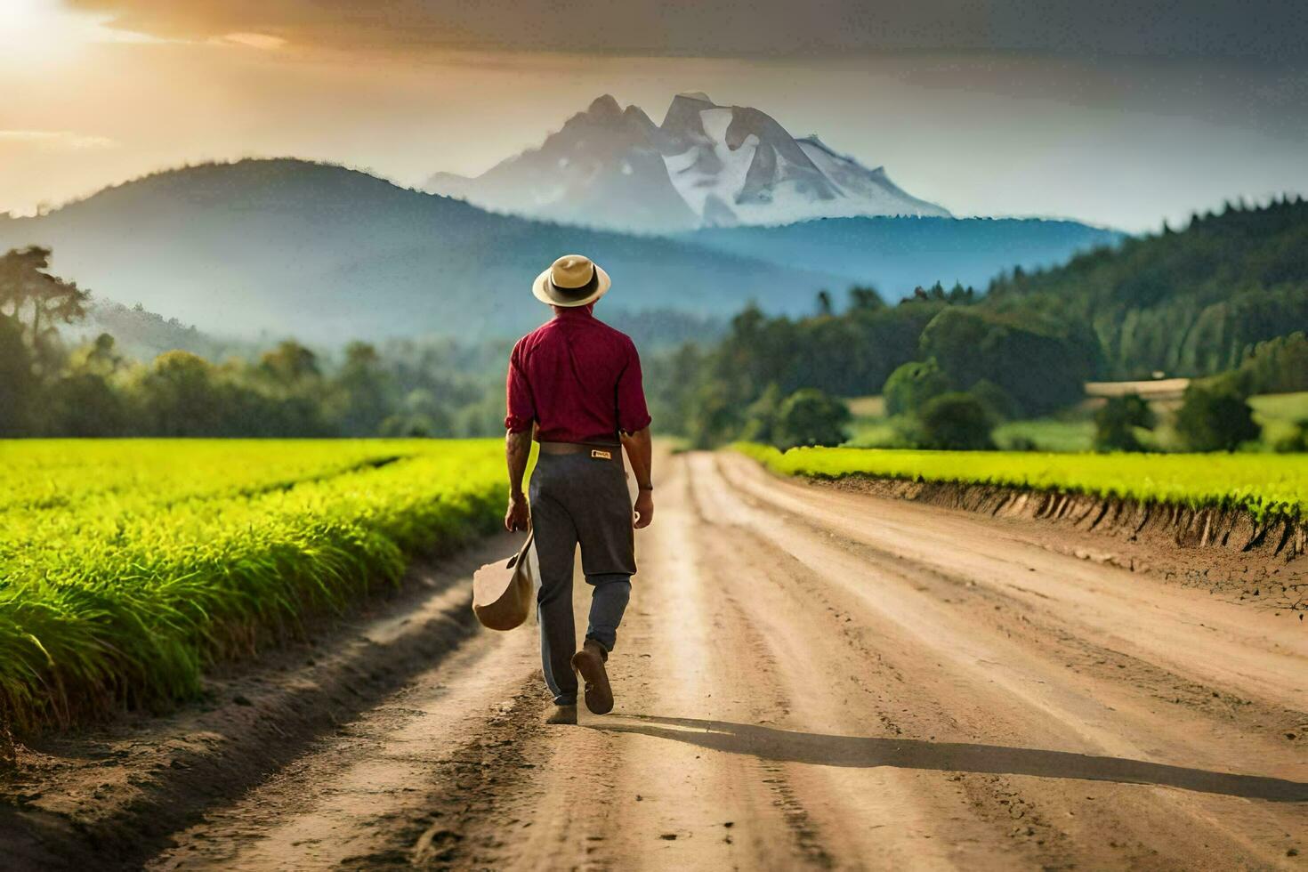 ein Mann Gehen Nieder ein Schmutz Straße mit ein Berg im das Hintergrund. KI-generiert foto