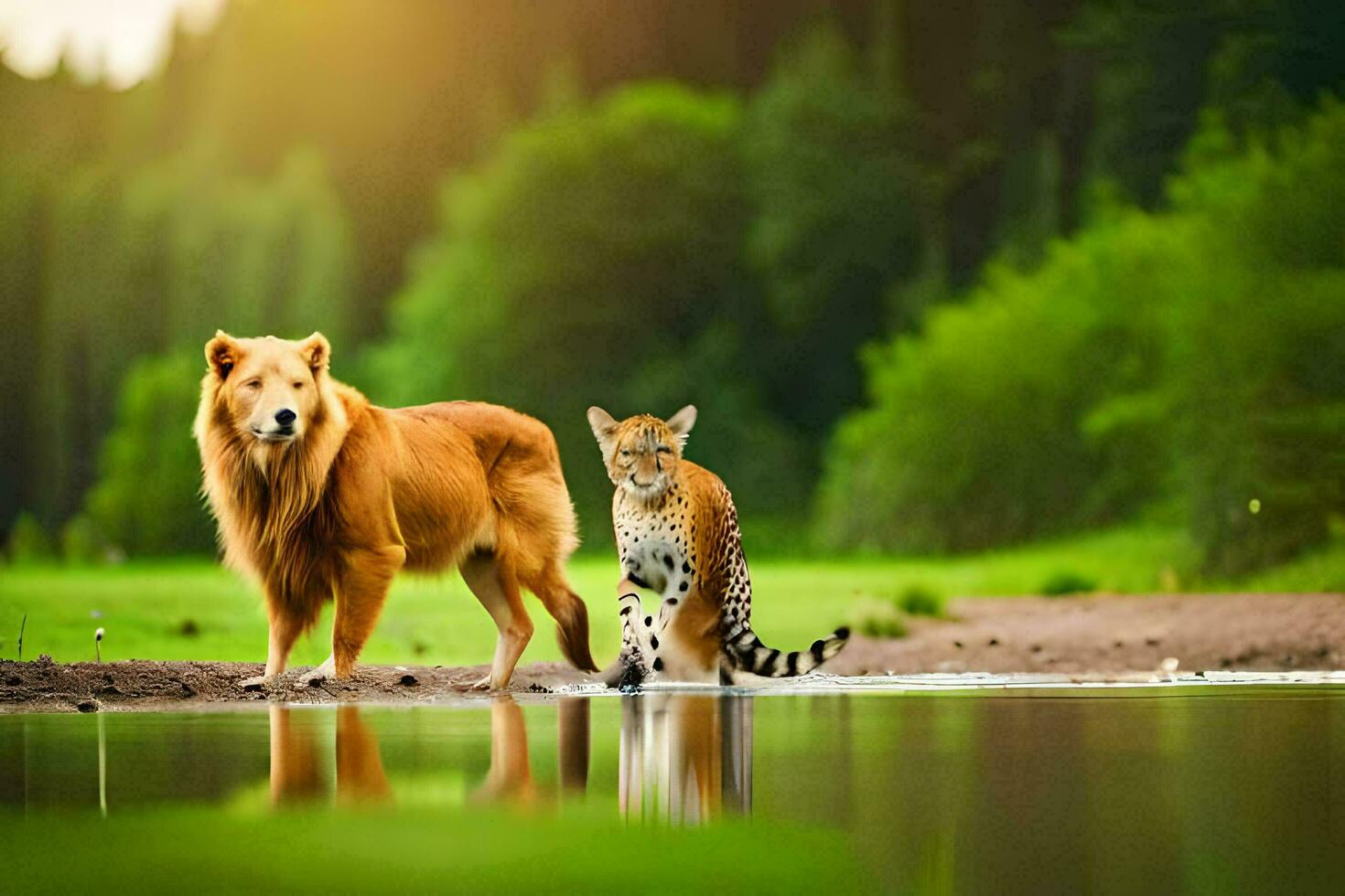 ein Löwe und ein Gepard Stehen Nächster zu ein Fluss. KI-generiert foto