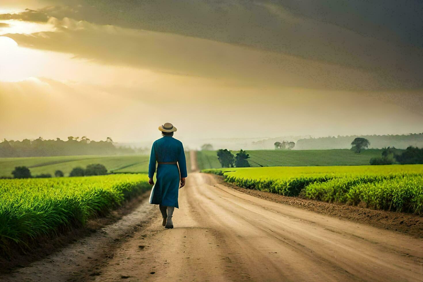 ein Frau im ein Blau Kleid Spaziergänge Nieder ein Schmutz Straße. KI-generiert foto