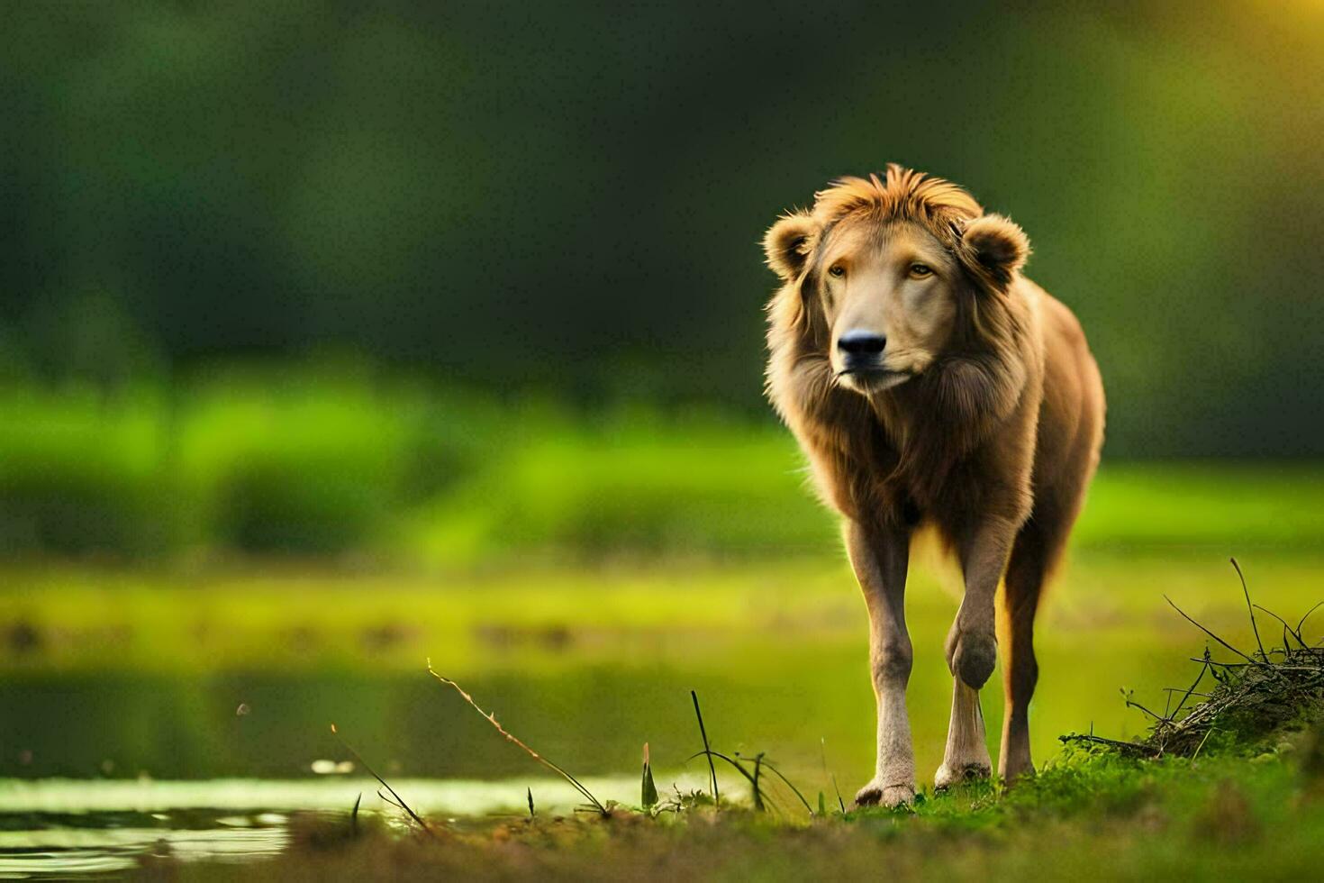ein Löwe Stehen im das Gras in der Nähe von ein Teich. KI-generiert foto