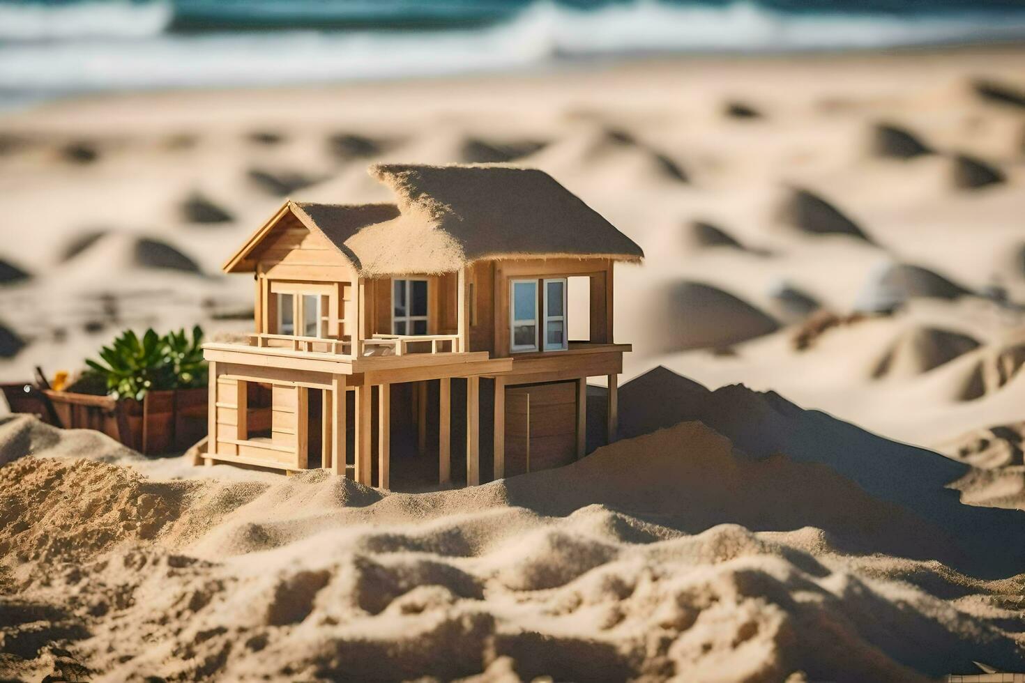 ein Miniatur Haus auf das Strand mit Sand. KI-generiert foto