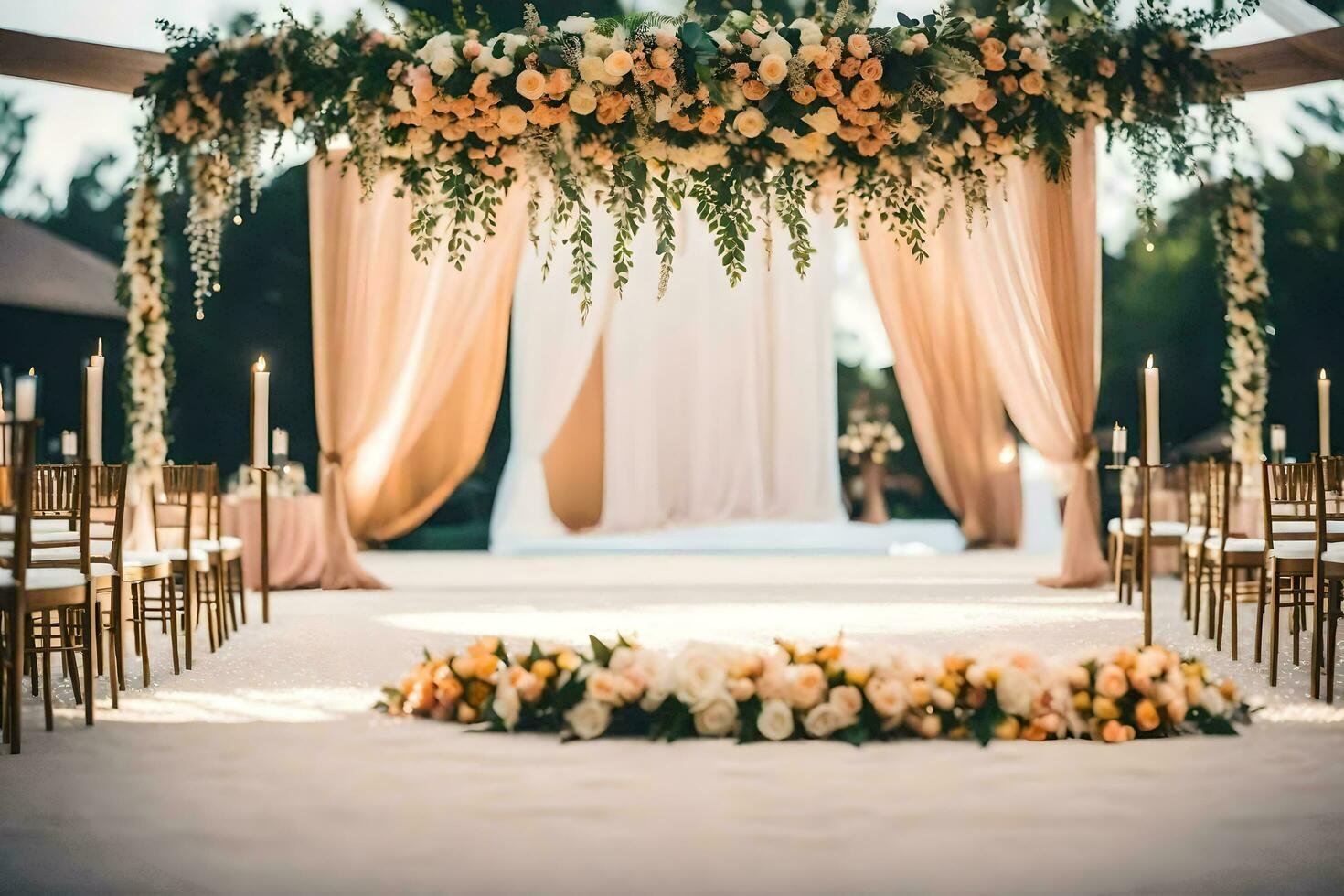 ein Hochzeit Zeremonie mit Blumen und Kerzen. KI-generiert foto