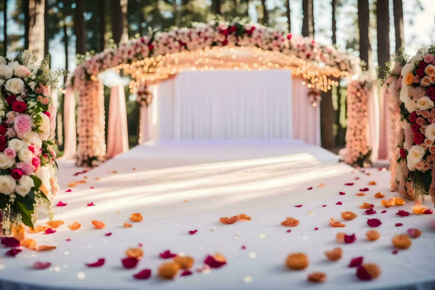 ein Hochzeit Zeremonie im das Wald mit Blumen und Blütenblätter. KI-generiert foto