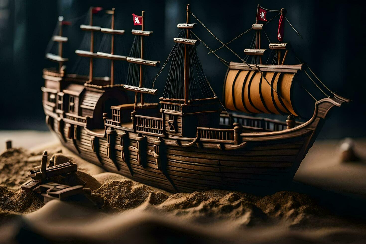 ein Modell- von ein Pirat Schiff im das Sand. KI-generiert foto