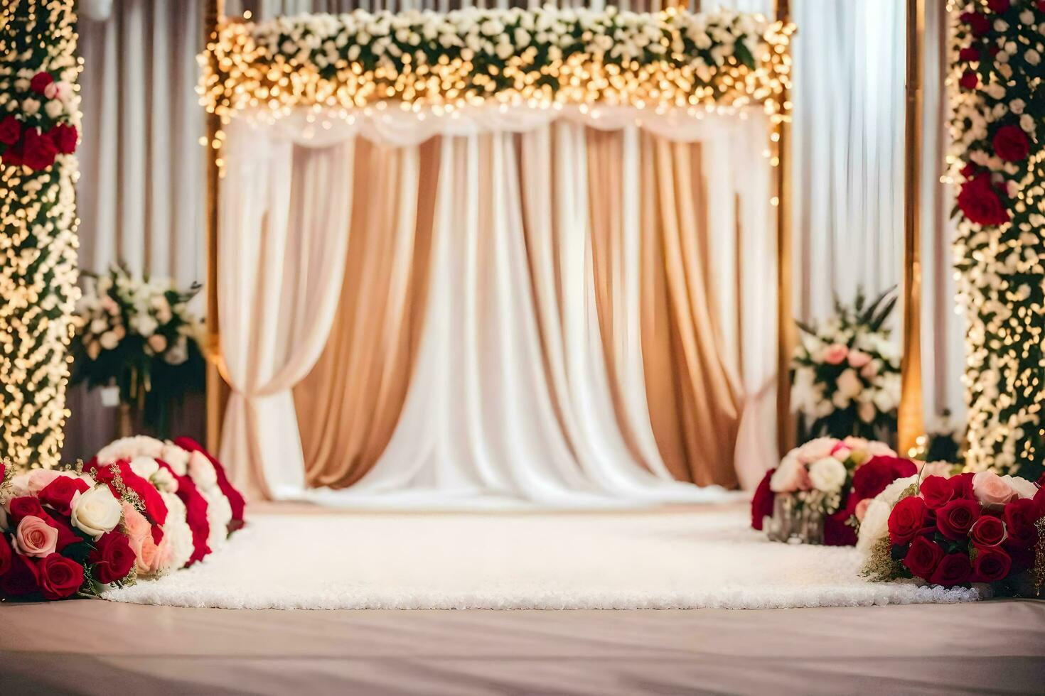 ein Hochzeit Zeremonie mit rot und Weiß Blumen. KI-generiert foto