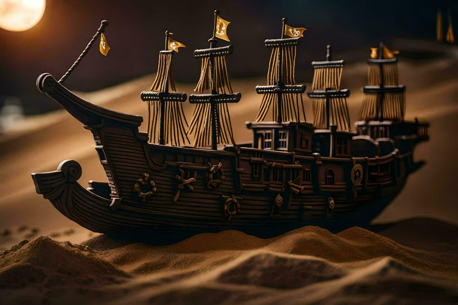 ein Modell- von ein Pirat Schiff im das Sand. KI-generiert foto