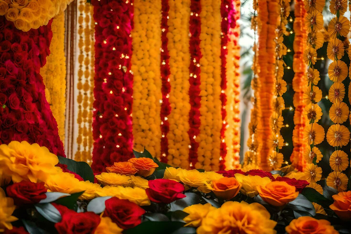 ein bunt Anordnung von Blumen und Girlanden. KI-generiert foto