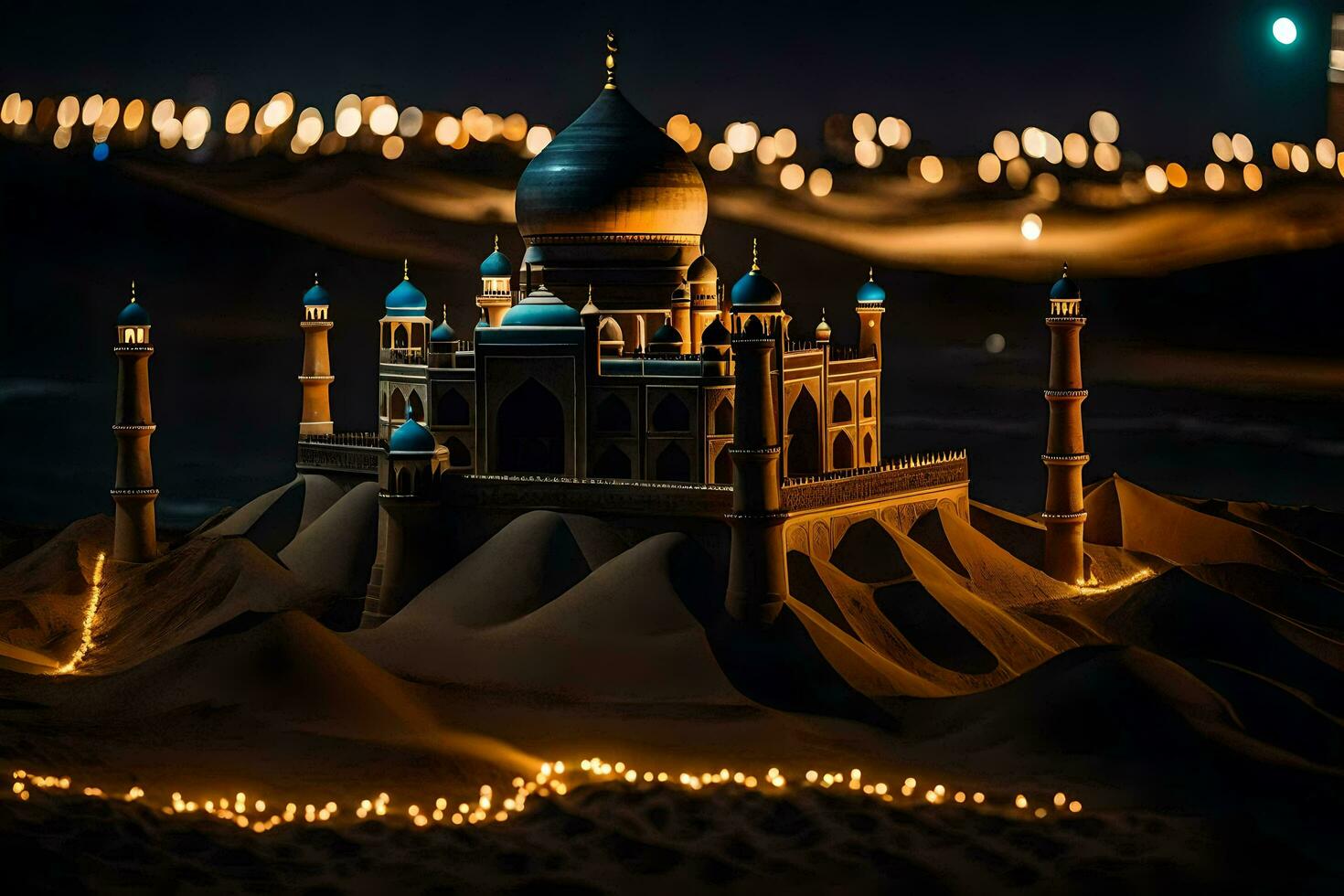 ein taj Mahal beleuchtet beim Nacht. KI-generiert foto