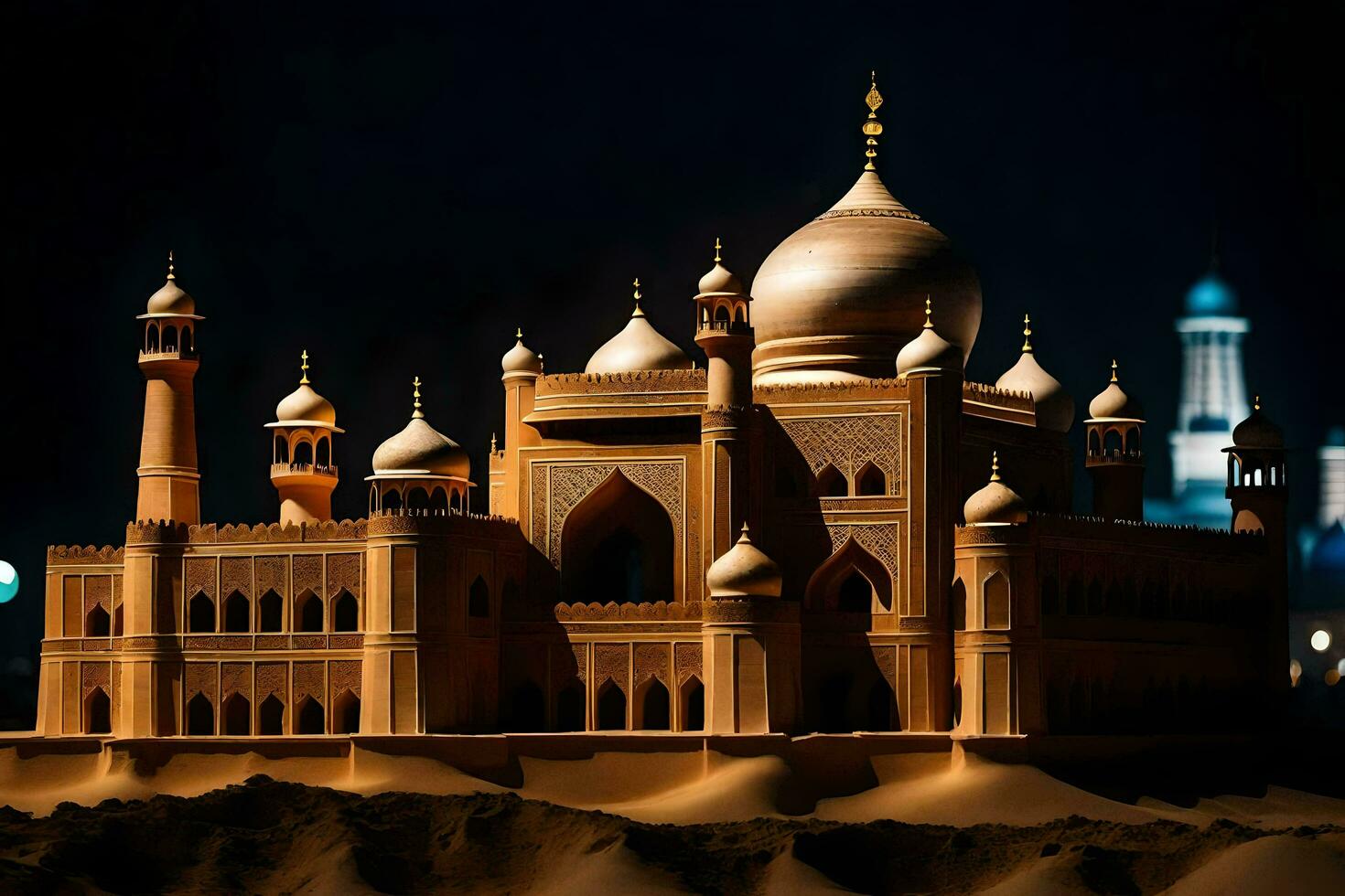 ein Modell- von ein Moschee beim Nacht. KI-generiert foto