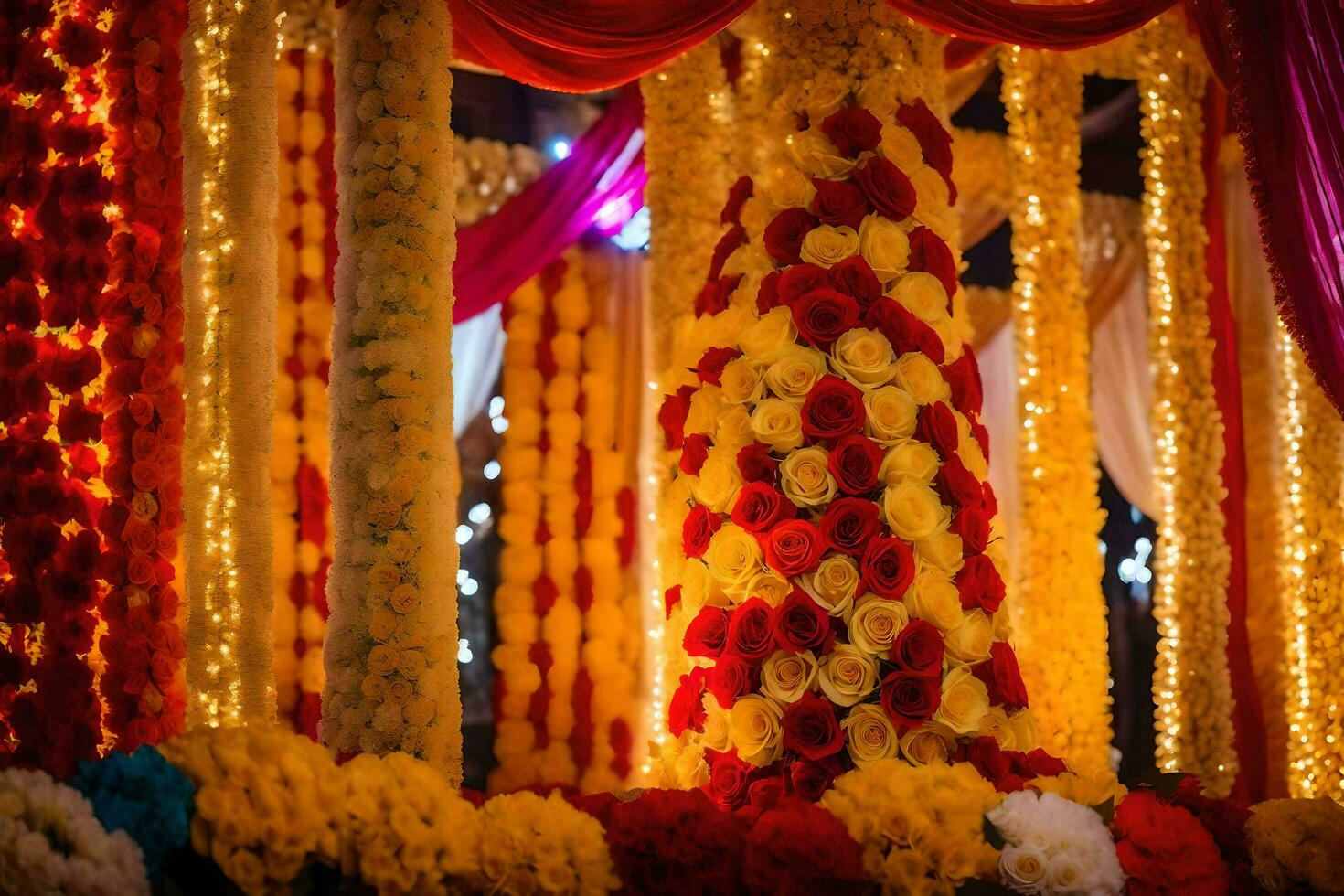 ein bunt Hochzeit Bühne dekoriert mit Blumen und Girlanden. KI-generiert foto