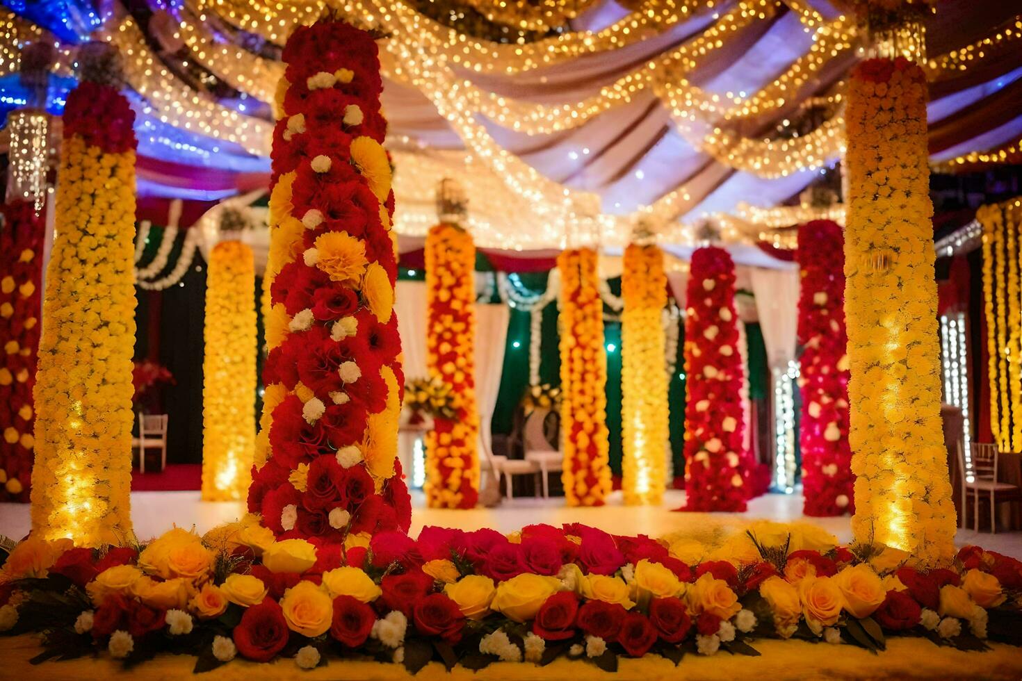 ein Hochzeit Bühne dekoriert mit Blumen und Beleuchtung. KI-generiert foto