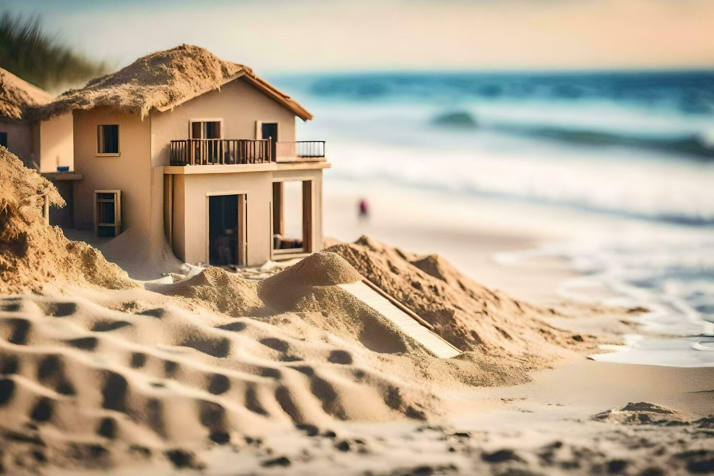 ein Miniatur Haus auf das Strand mit Sand. KI-generiert foto