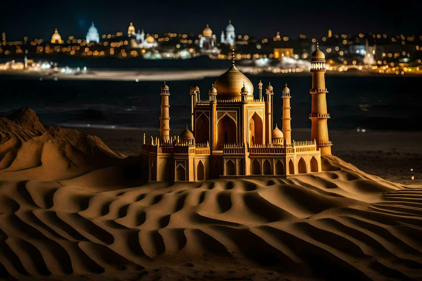 ein klein Sand Düne mit ein Moschee im das Mitte. KI-generiert foto