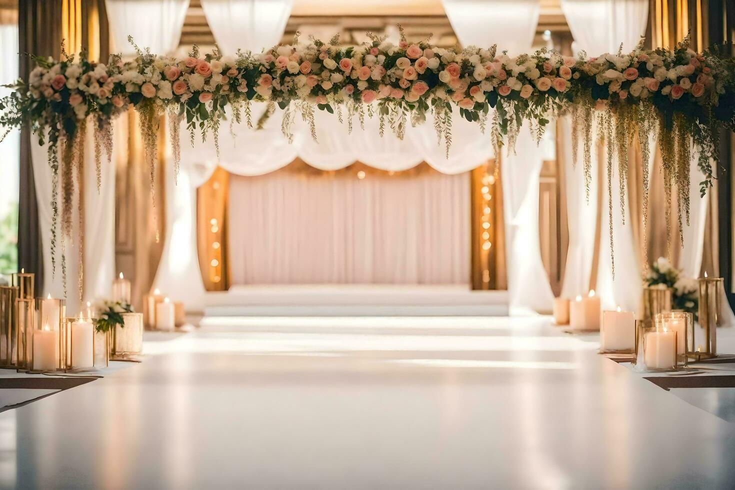 ein Hochzeit Zeremonie mit Kerzen und Blumen. KI-generiert foto