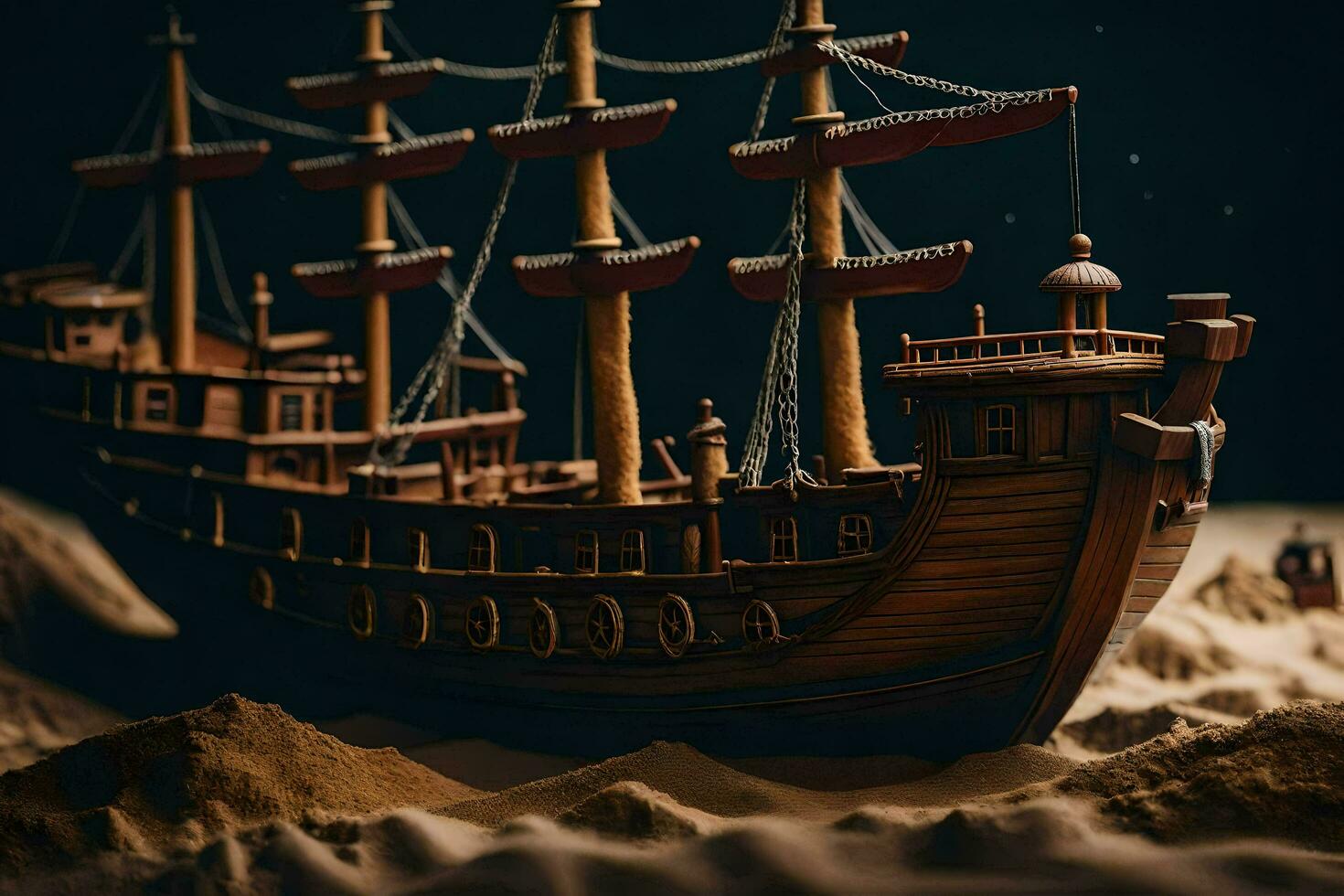 ein Modell- von ein Pirat Schiff im das Sand. KI-generiert foto