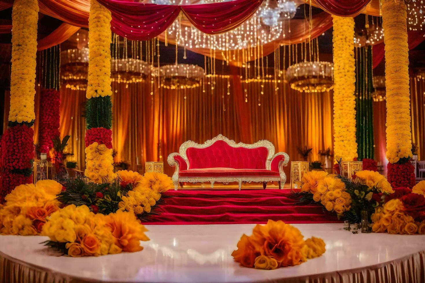 ein Bühne dekoriert mit rot und Gelb Blumen. KI-generiert foto