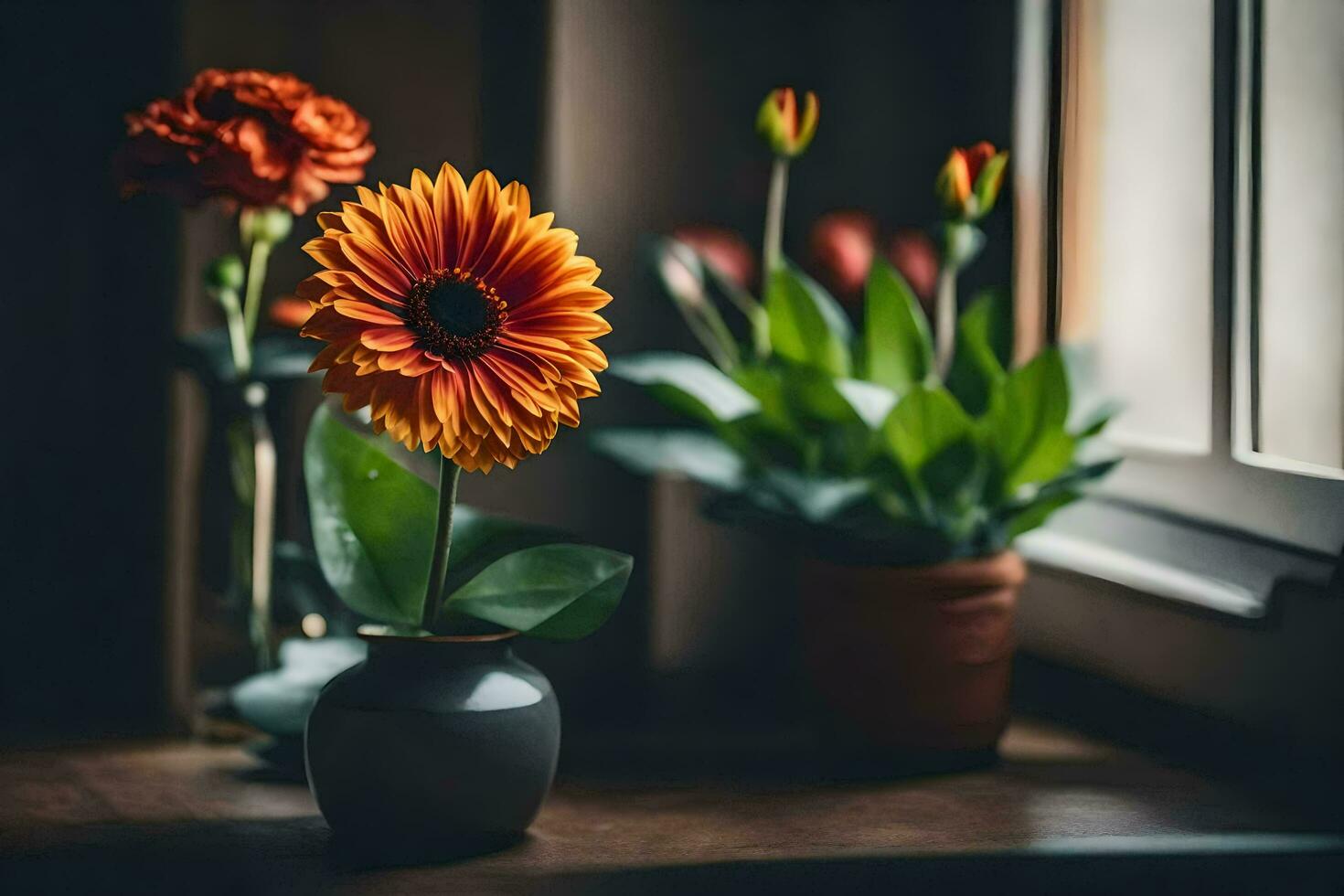 Orange Blumen im Vasen auf ein Fensterbrett. KI-generiert foto