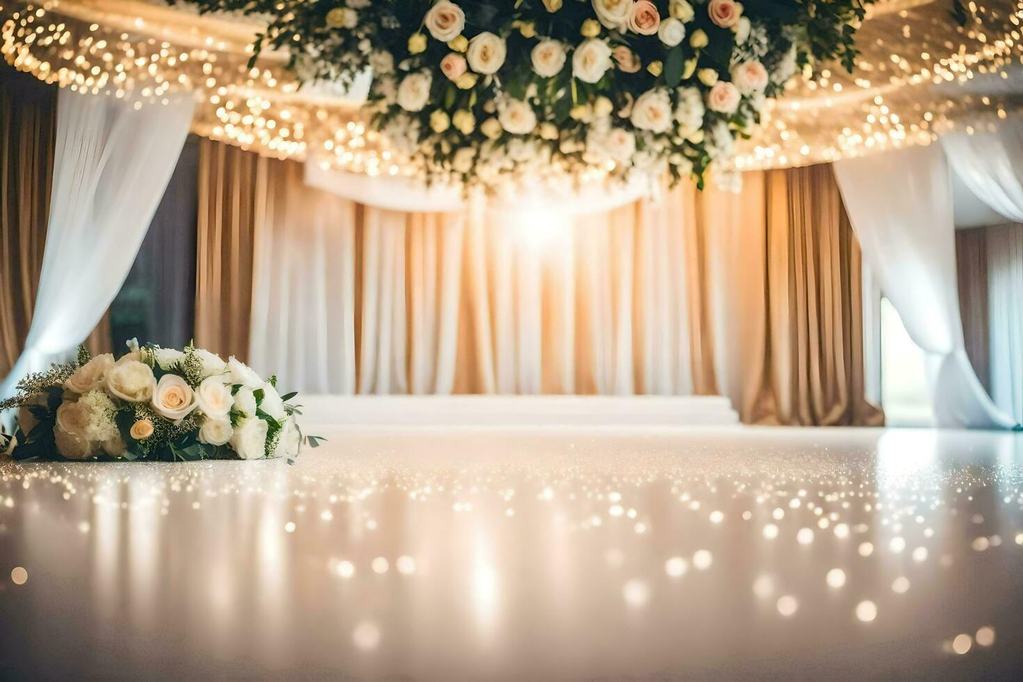 Hochzeit Zeremonie im ein Ballsaal mit Weiß Blumen. KI-generiert foto