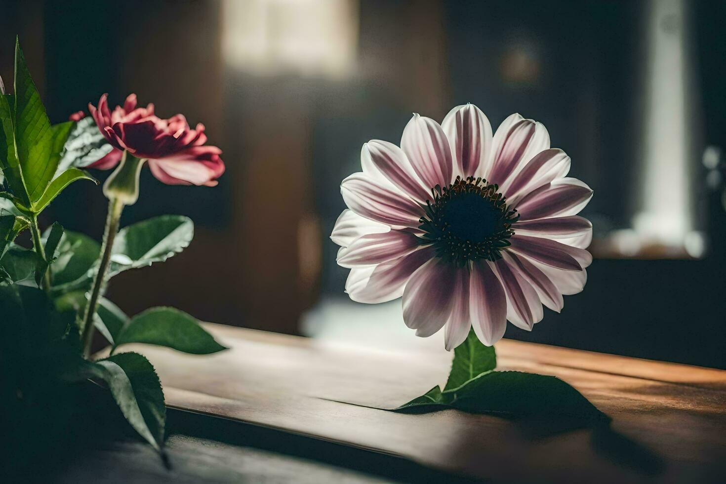 ein Blume ist Sitzung auf ein Tabelle im Vorderseite von ein Fenster. KI-generiert foto