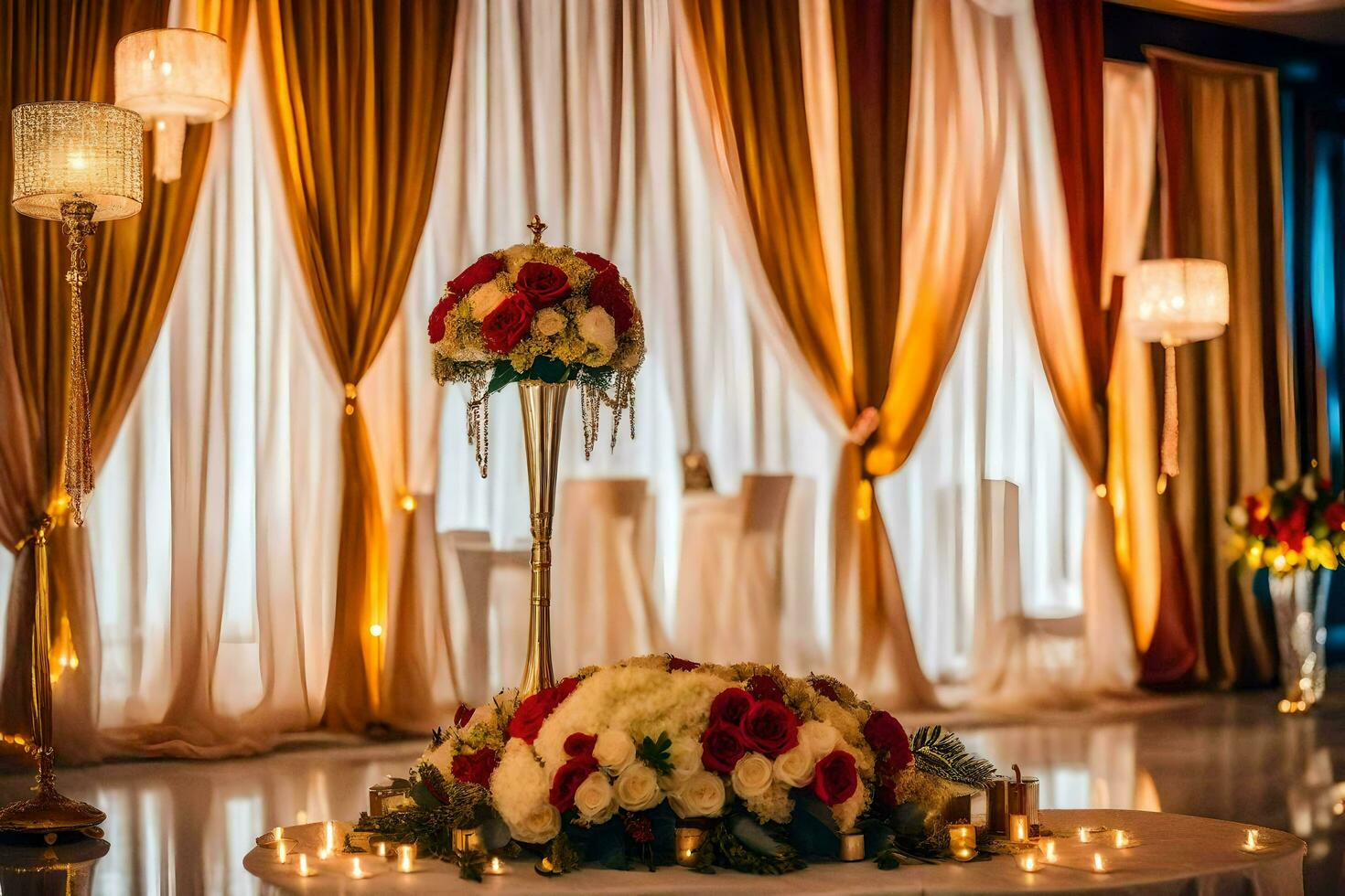 ein Hochzeit Zeremonie mit Kerzen und Blumen. KI-generiert foto