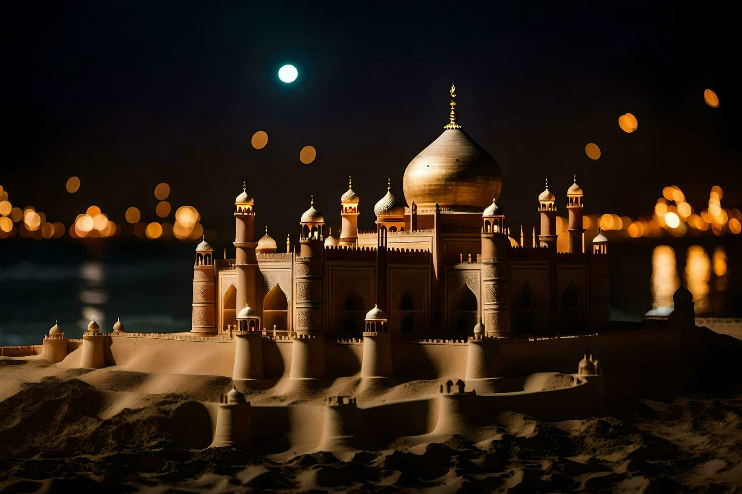 ein Modell- von ein Sand Schloss im das Wüste beim Nacht. KI-generiert foto