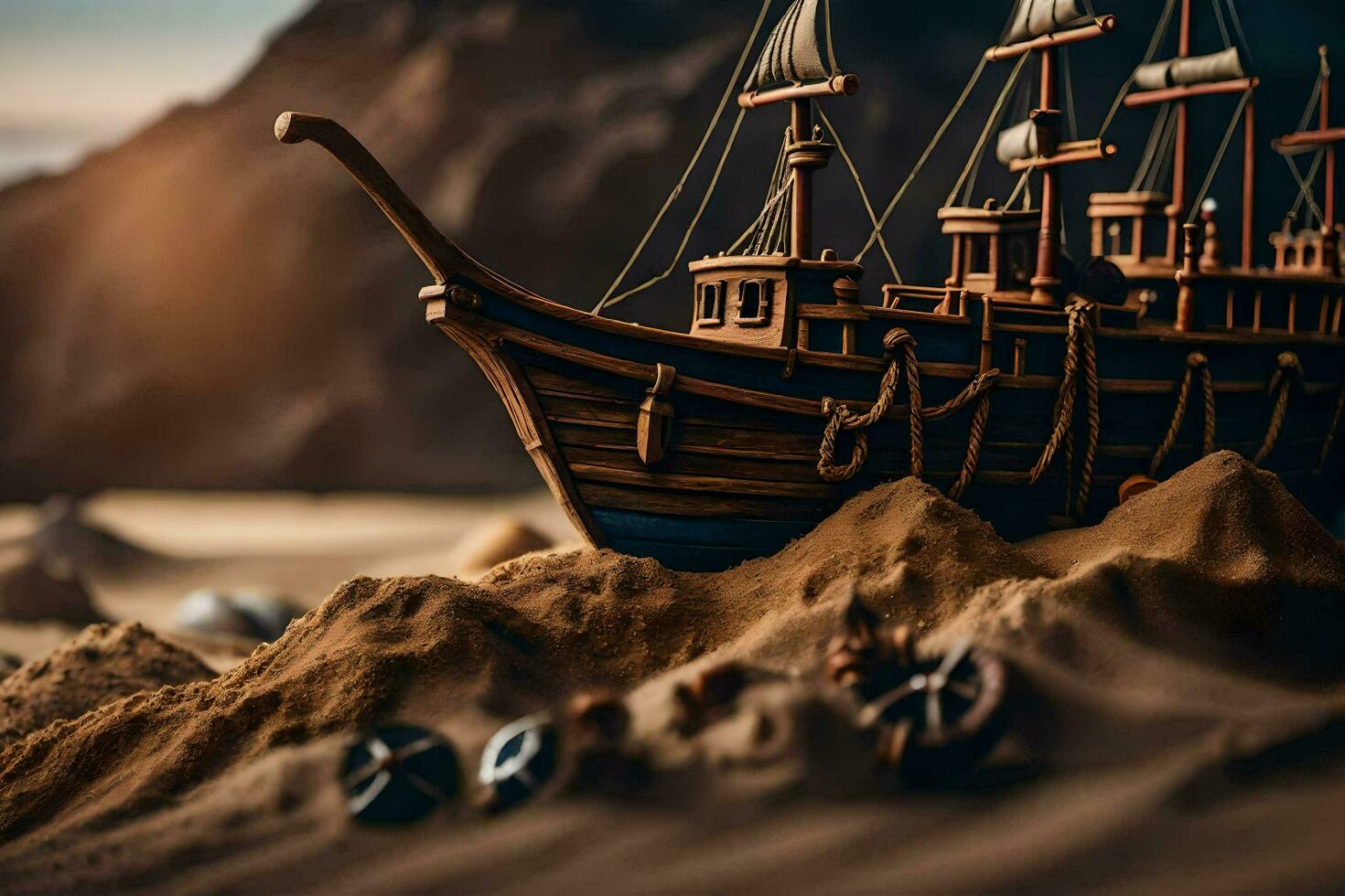 ein Modell- von ein Schiff auf das Sand. KI-generiert foto