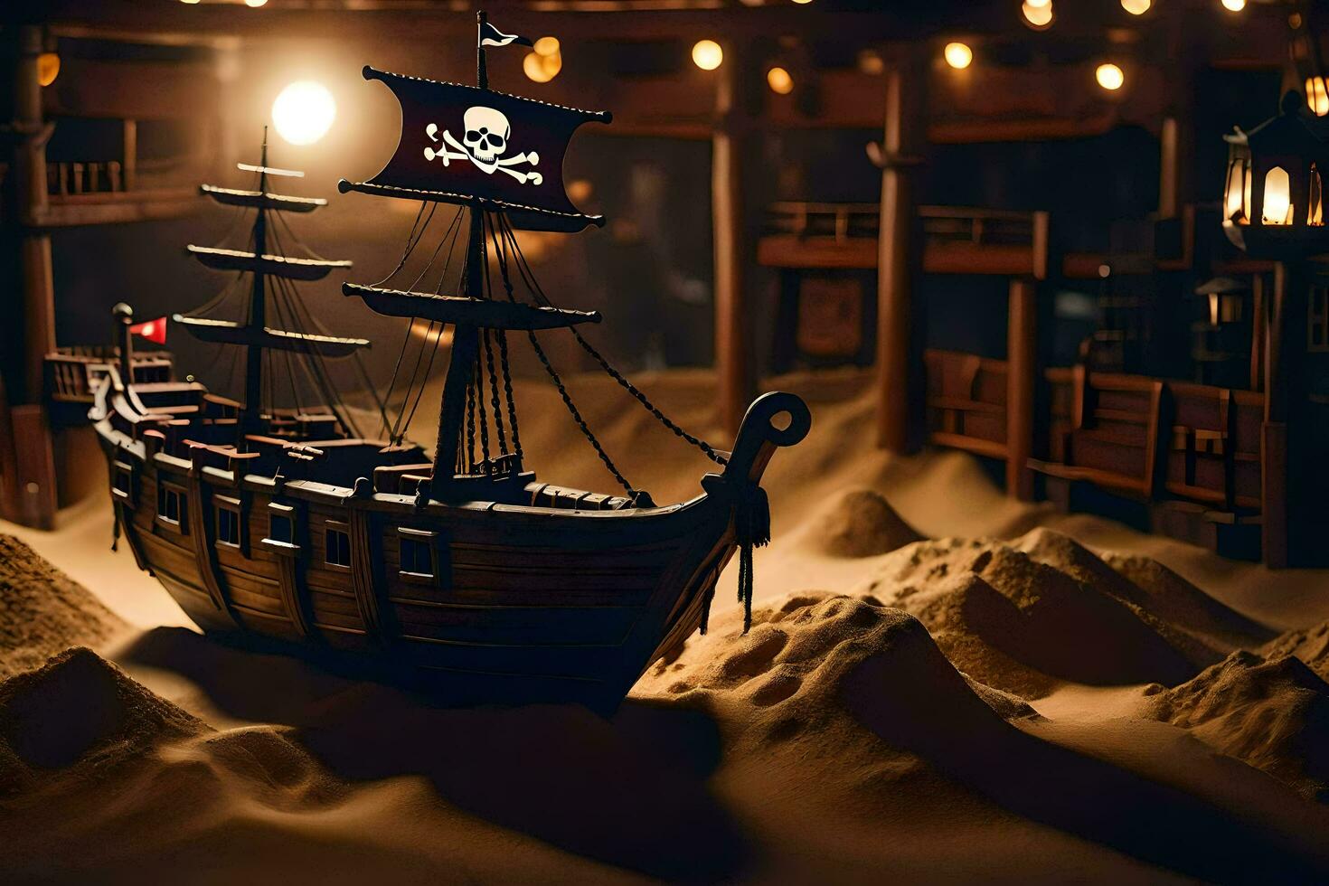 ein Pirat Schiff ist im ein Sand Grube mit ein Licht. KI-generiert foto