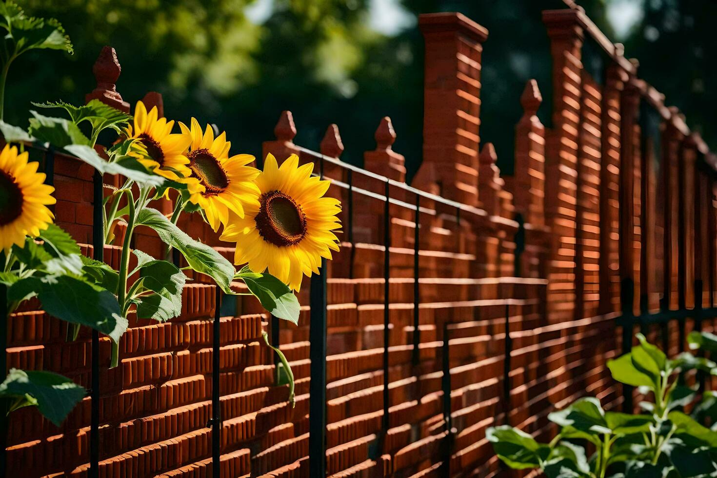 ein rot Zaun mit Sonnenblumen wachsend im Es. KI-generiert foto