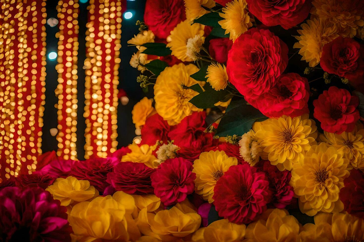 ein bunt Anordnung von Blumen im Vorderseite von ein beleuchtet Hintergrund. KI-generiert foto