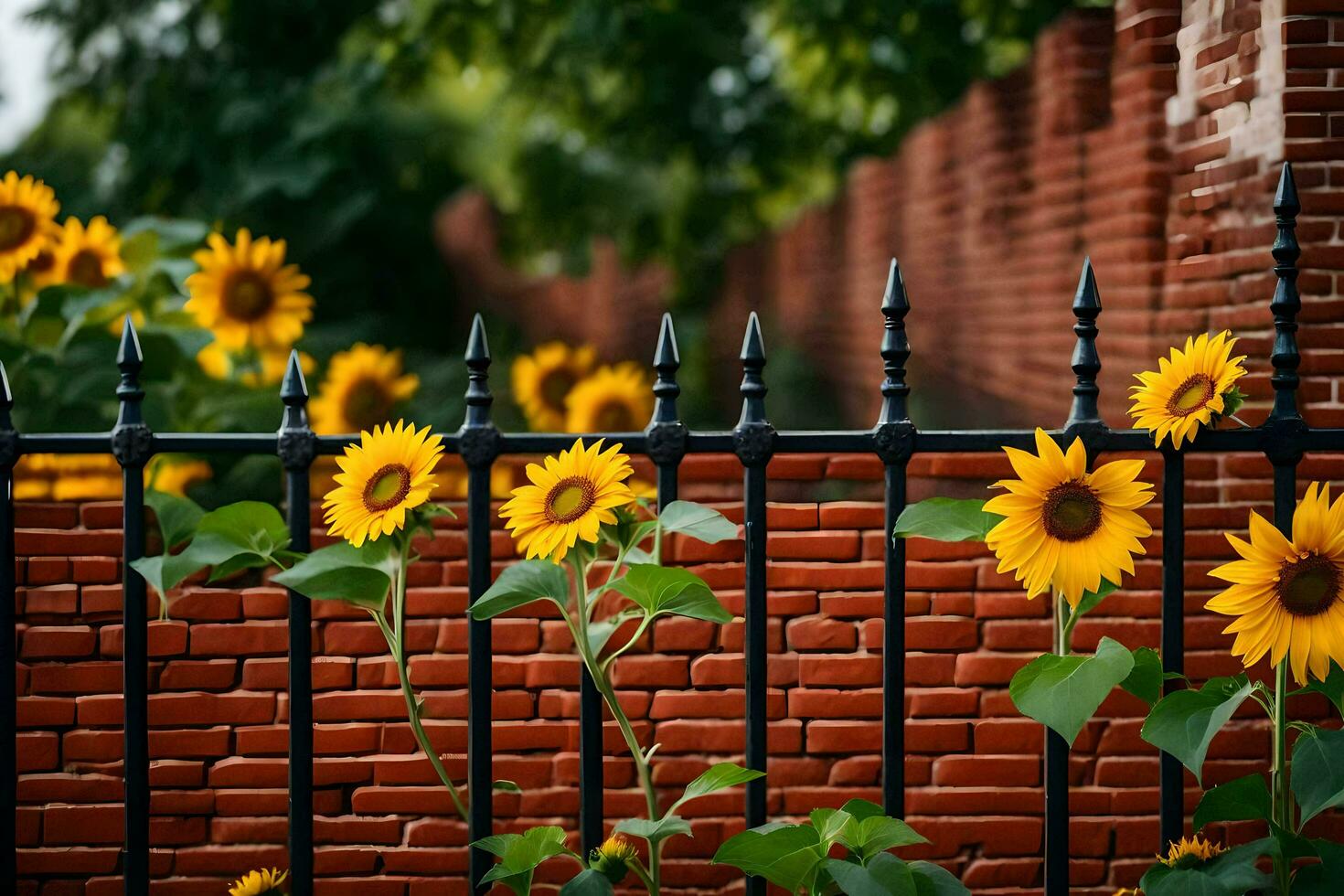 Sonnenblumen sind wachsend im Vorderseite von ein Backstein Mauer. KI-generiert foto