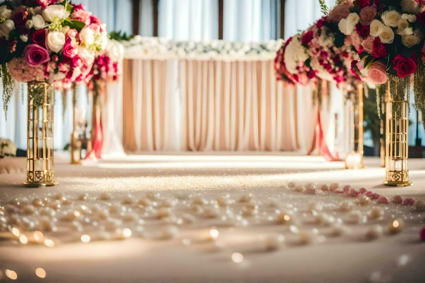 ein Hochzeit Zeremonie mit Rosa und Weiß Blumen. KI-generiert foto