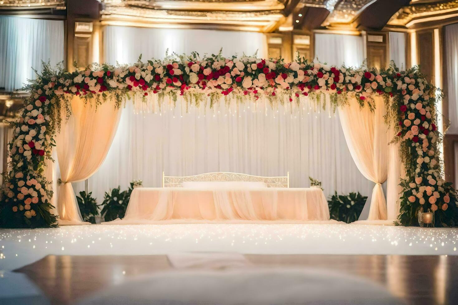 ein Hochzeit Zeremonie mit ein Blumen- Bogen. KI-generiert foto
