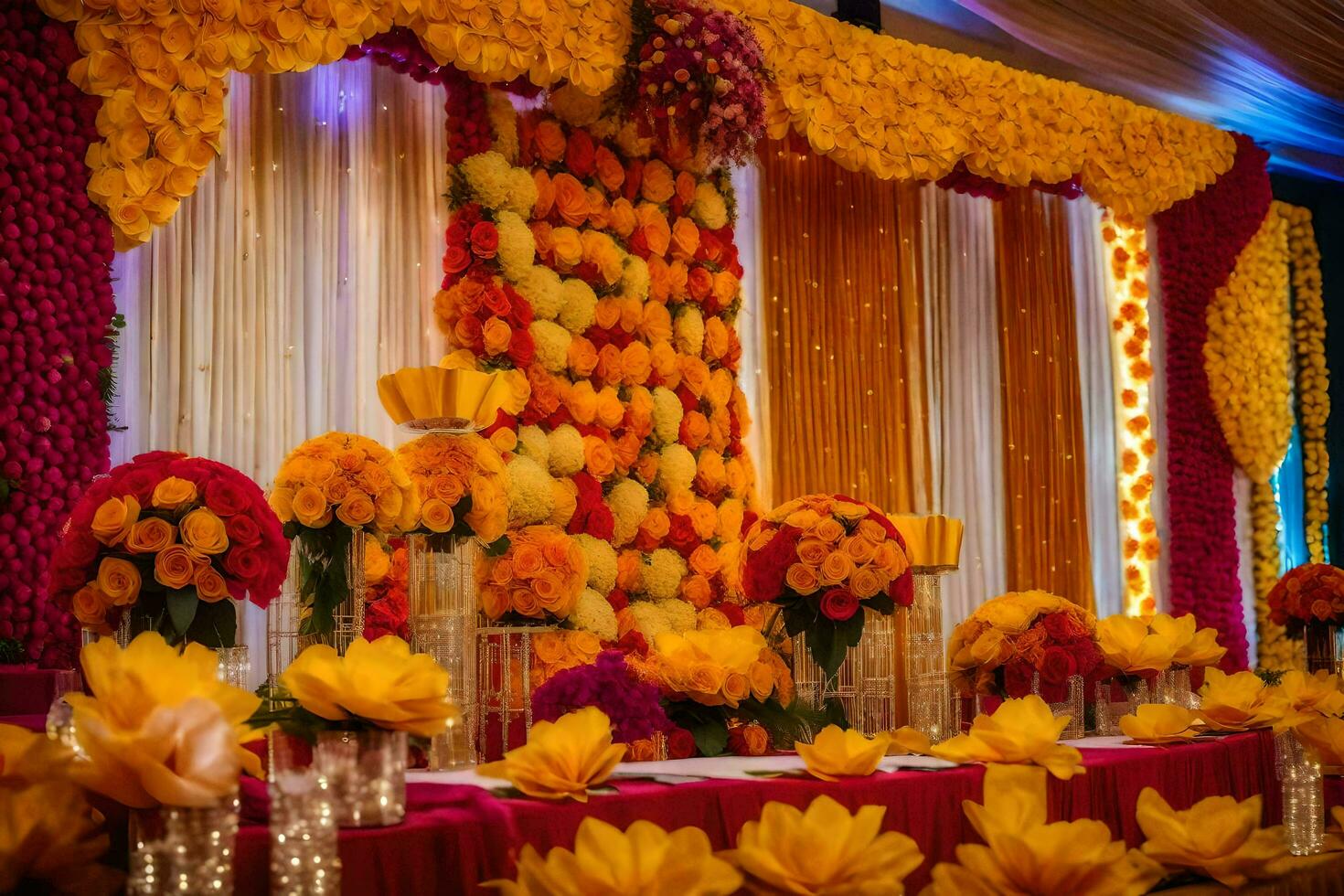 ein Hochzeit Rezeption mit bunt Blumen und ein Tabelle bedeckt im Gelb und Orange Blumen. KI-generiert foto