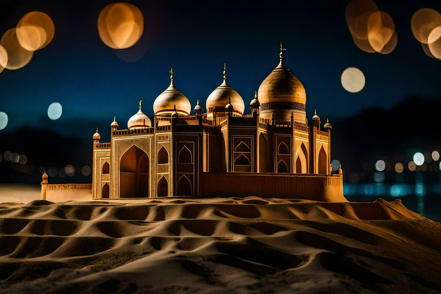 ein Modell- von ein taj Mahal im das Wüste beim Nacht. KI-generiert foto