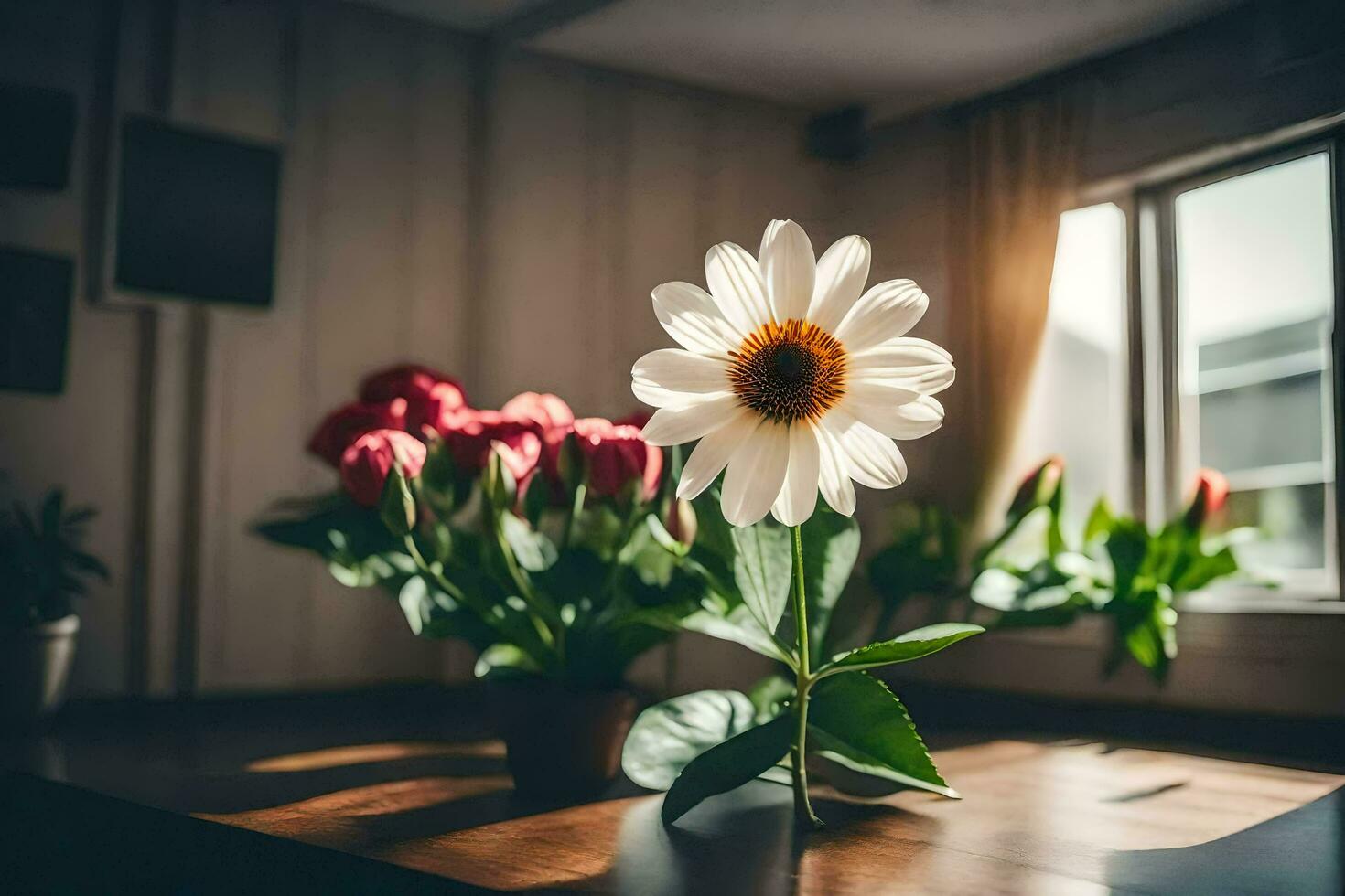 ein Blume sitzt auf ein Tabelle im Vorderseite von ein Fenster. KI-generiert foto