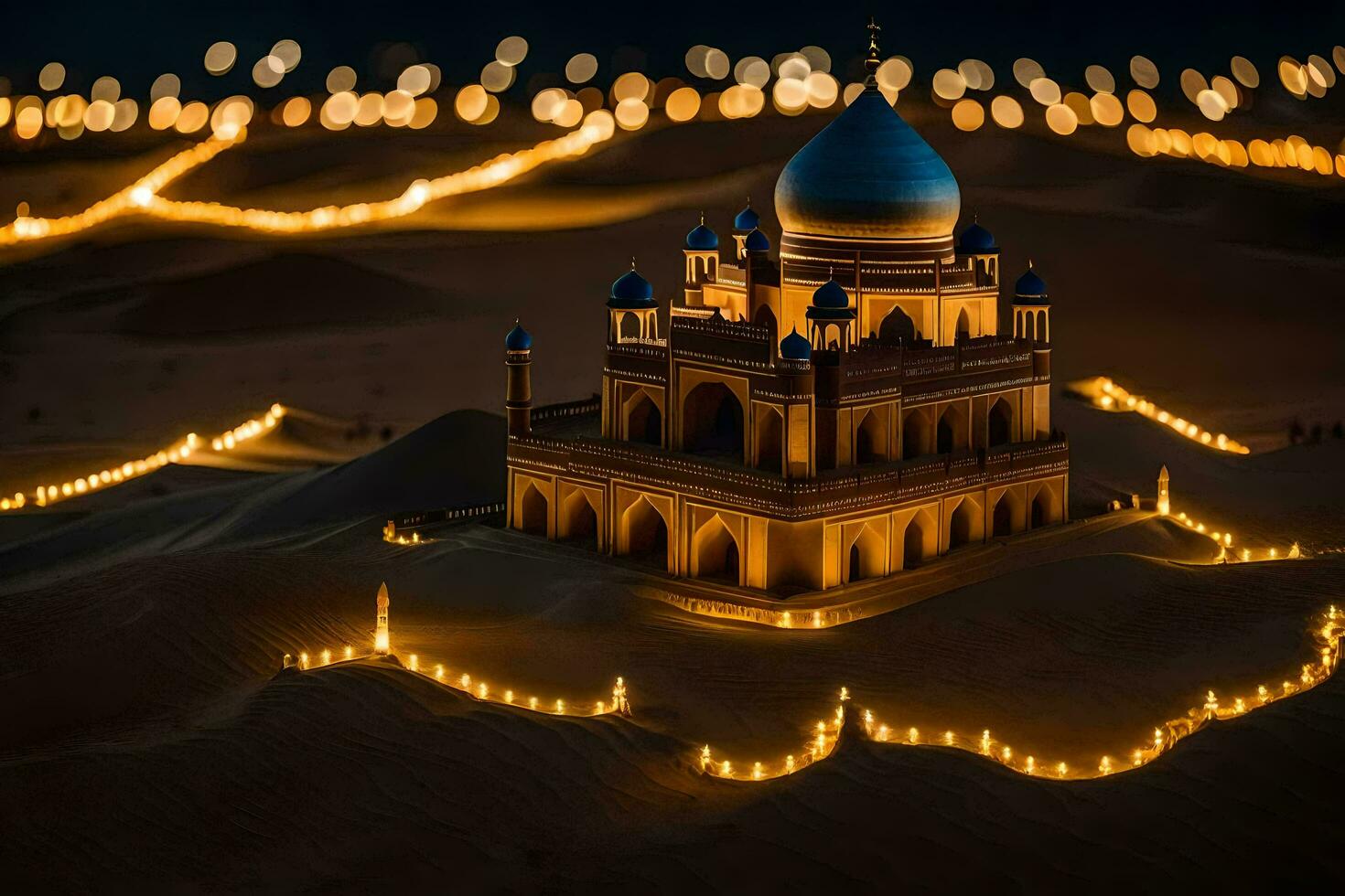 ein klein Moschee im das Wüste mit Beleuchtung. KI-generiert foto