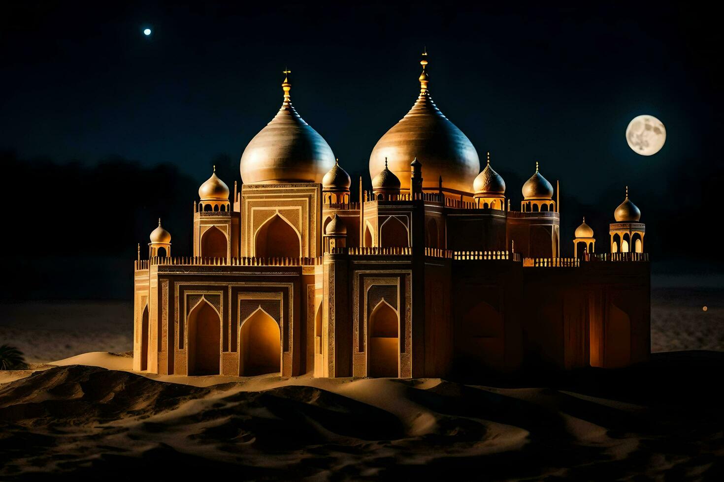 ein Sand Schloss im das Wüste beim Nacht. KI-generiert foto