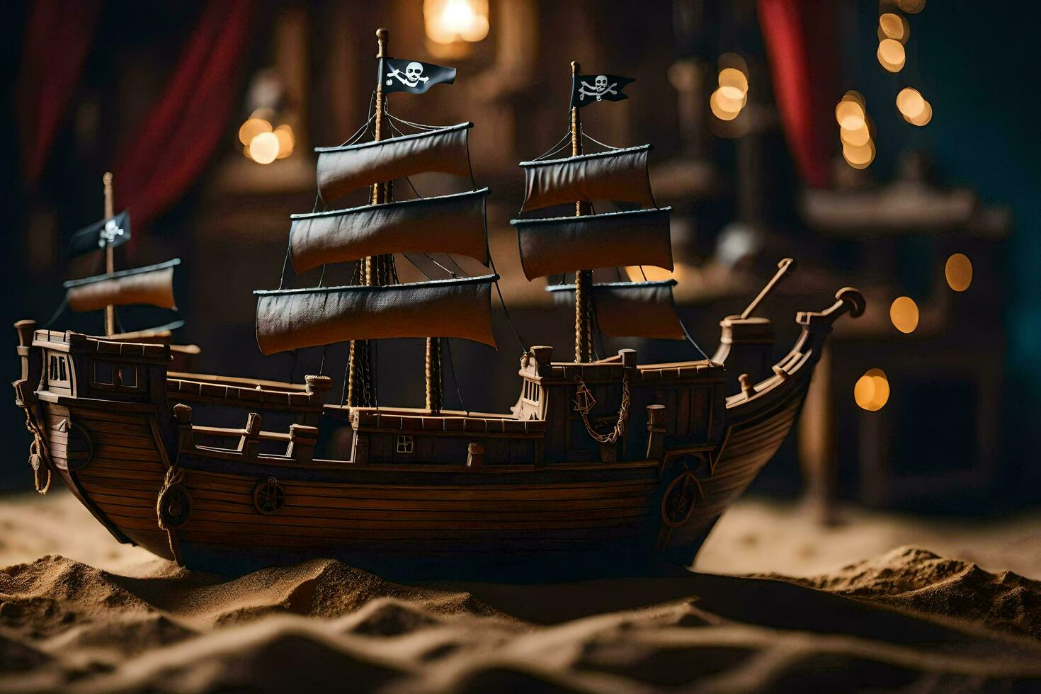 ein Pirat Schiff ist Sitzung auf ein Sand Düne. KI-generiert foto