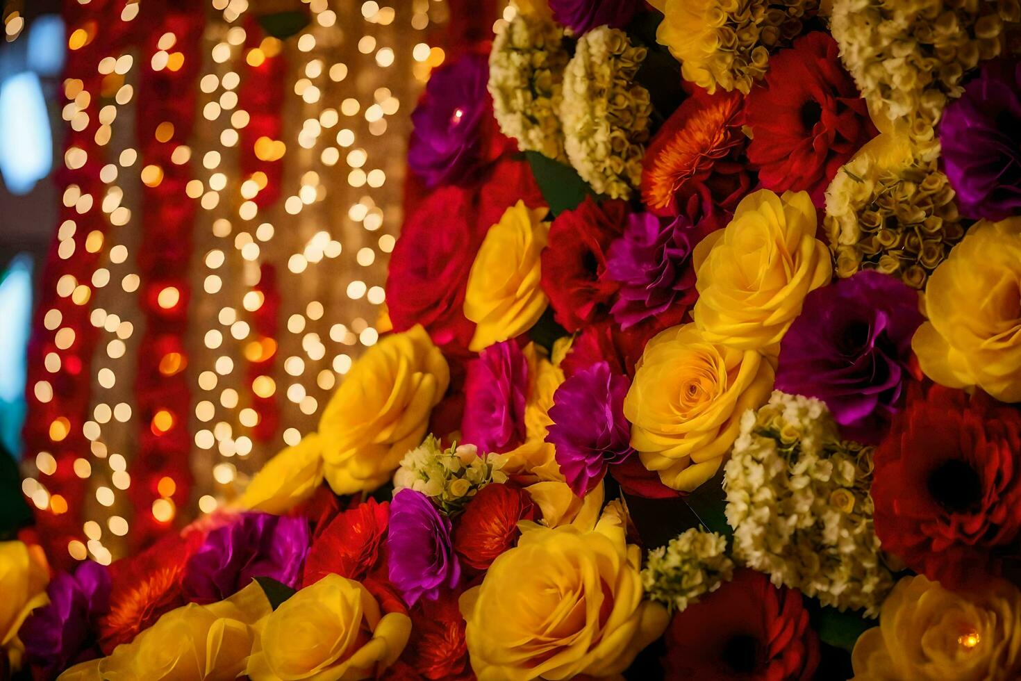 ein bunt Blume Anordnung ist angezeigt im Vorderseite von ein beleuchtet Hintergrund. KI-generiert foto